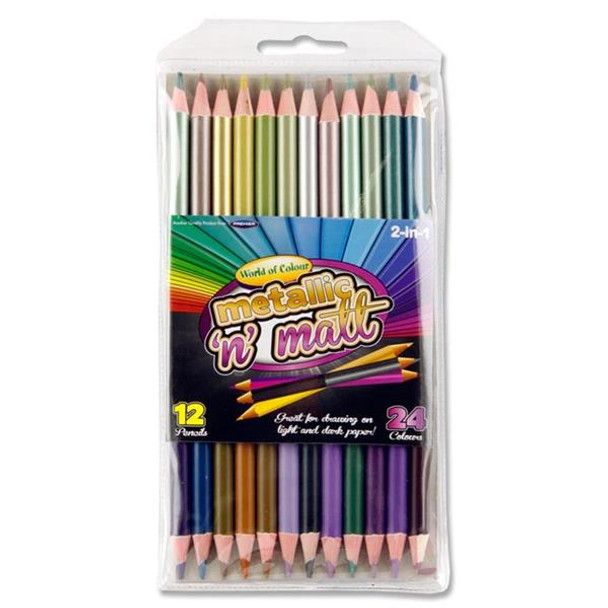 Pack of 12 Metallic and Matt Double Headed Colour Pencils by World of Colour