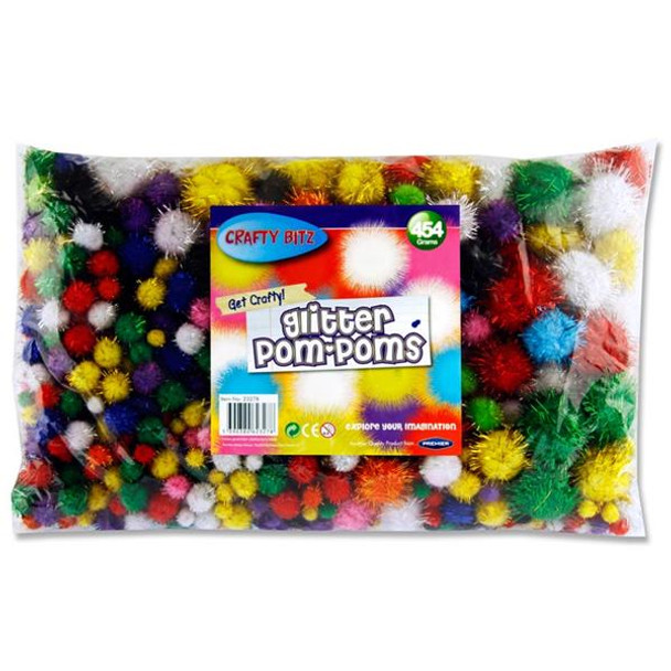 Bag of 454g Assorted Glitter Pom Poms by Crafty Bitz