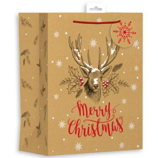 Kraft Christmas Reindeer Design Large Gift Bag