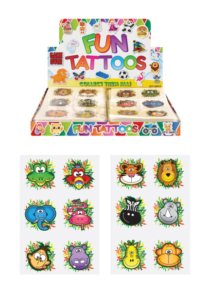 96 x Pack of 6 Assorted Design 4cm Mini Jungle Temporary Tattoos