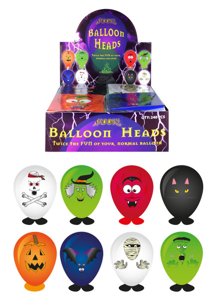 Box of 240 Assorted Designs Halloween Balloon Heads