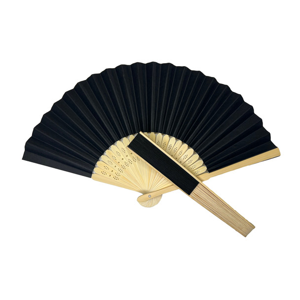 Black Paper Foldable Hand Held Bamboo Wooden Fan by Parev