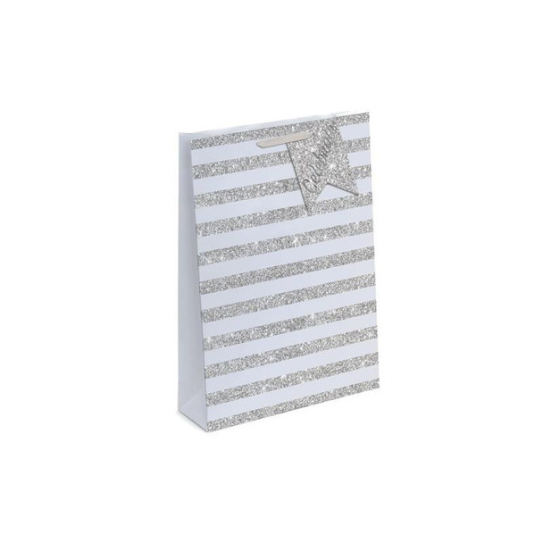 Pack of 12 Celebrate Silver Stripe Glitter Design Medium Gift Bags