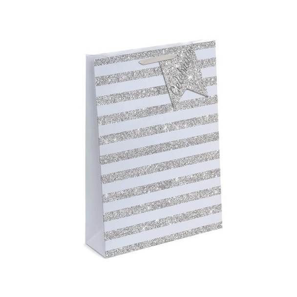 Pack of 12 Celebrate Silver Stripe Glitter Design Extra Large Gift Bags