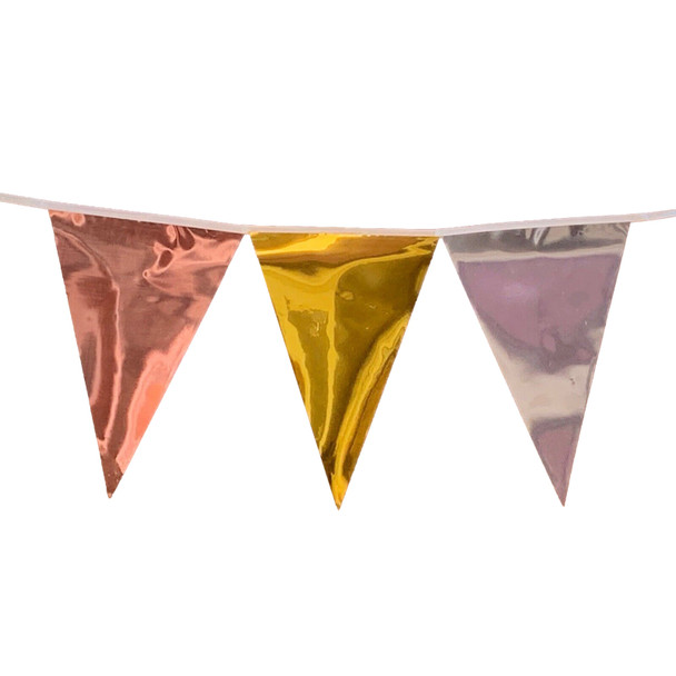 Metallic Rose Gold, Gold & Silver Alternating Bunting 10m with 20 Pennants