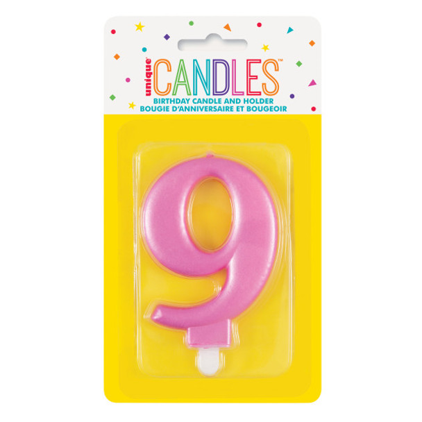 Metallic Pink Number 9 Birthday Candle