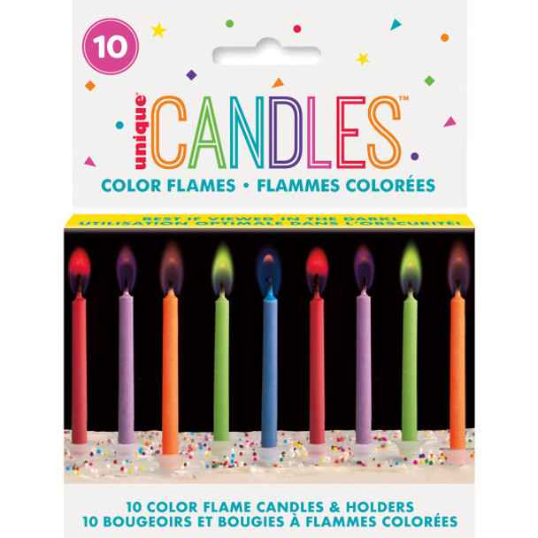 Pack of 10 Color Flame Birthday Candles & Holders