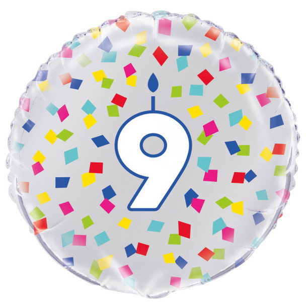 Rainbow Confetti Birthday Number 9 Round Foil Balloon 18"