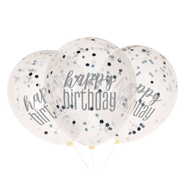 Pack of 6 12" Clear Printed Glitz "Happy Birthday" Balloons with Confetti, Black & Silver