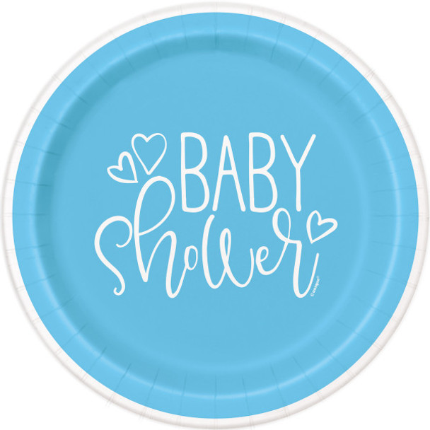 Pack of 8 Blue Hearts Baby Shower Round 7" Dessert Plates