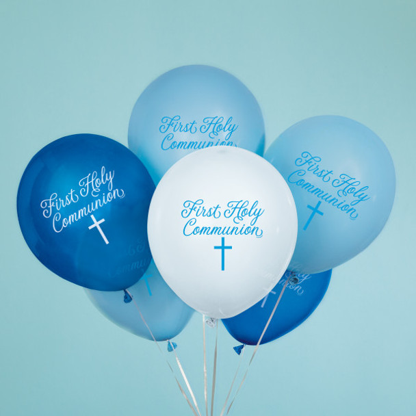 Pack of 8 Fancy Blue Cross First Holy Communion 12" Latex Balloons