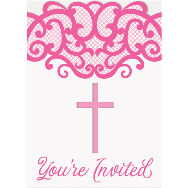 Pack of 8 Fancy Pink Cross Invitations