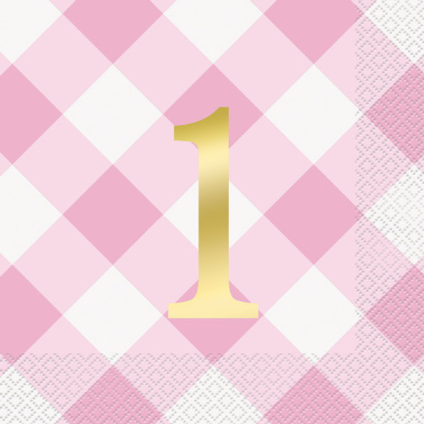 Pack of 16 Pink Gingham 1st Birthday Luncheon Napkins