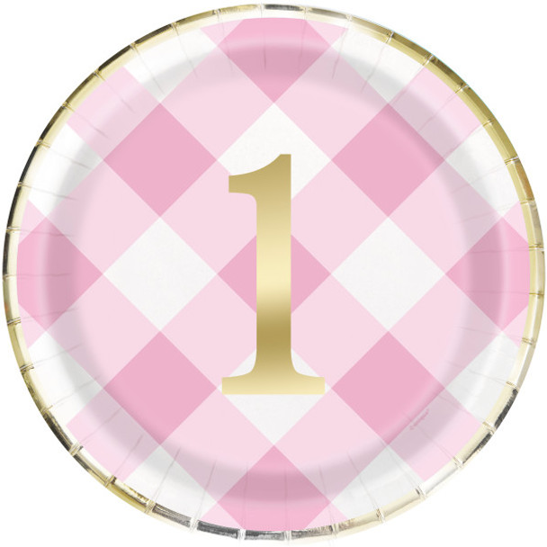 Pack of 8 Pink Gingham 1st Birthday Round 9" Dinner Plates