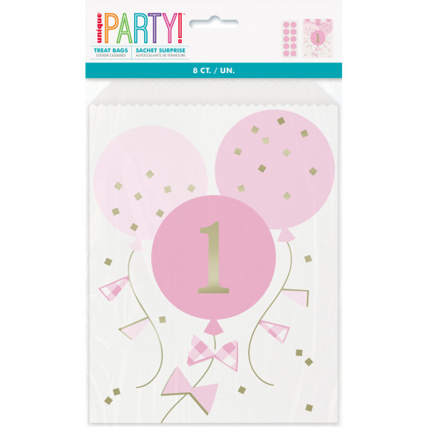 Pack of 8 Pink Gingham 1st Birthday Paper Treat Bags