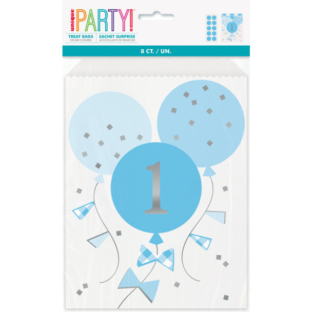 Pack of 8 Blue Gingham 1st Birthday Paper Treat Bags