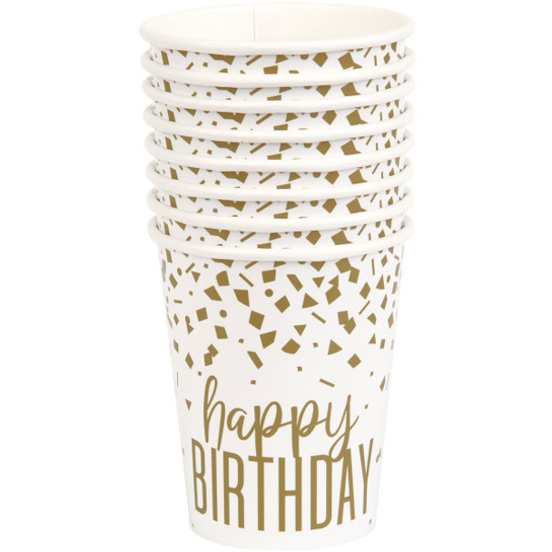 Pack of 8 Confetti Gold Birthday 9oz Paper Cups