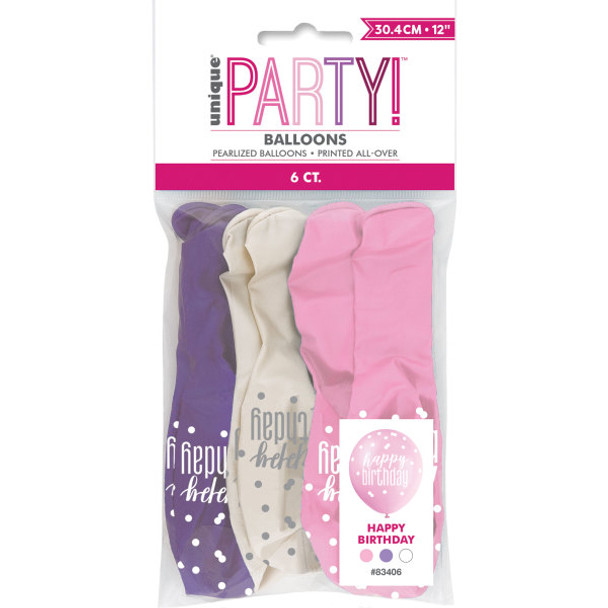 Pack of 6 12" Glitz Petal Pink, Spring Lavender, & White Latex Balloons "Happy Birthday"