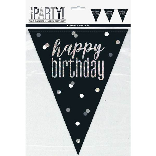 9ft Glitz Black & Silver Prismatic Plastic Flag Banner "Happy Birthday"