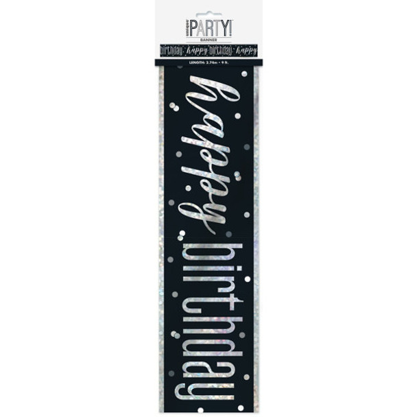 9ft Glitz Black & Silver Prismatic Foil Banner "Happy Birthday"