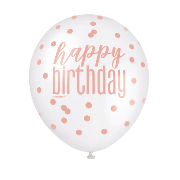 Pack of 6 12" Glitz Rose Gold Latex Balloons "Happy Birthday"