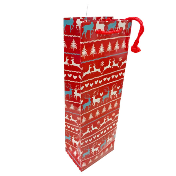 Pack of 12 Patterned Reindeer Design Bottle Size Christmas Gift Bags