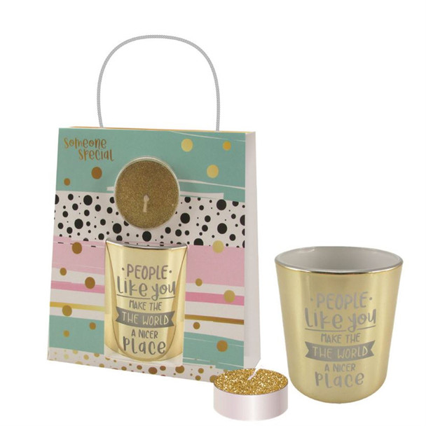 Gold People Like You Glass Sentiment Tealight Candle Holder with Bag