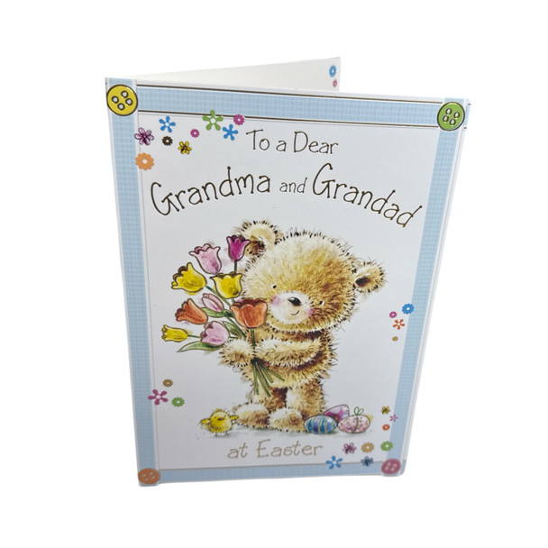 To Dear Grandma And Grandad Cute Teddy Holding Tulip Flowers Design Easter Card