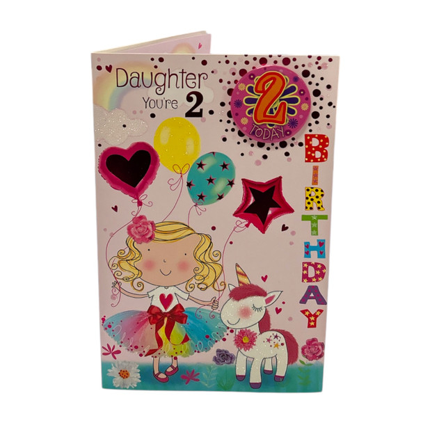 Daughter Age 2 Girl And Unicorn Design Juvenile Birthday Card With Badge