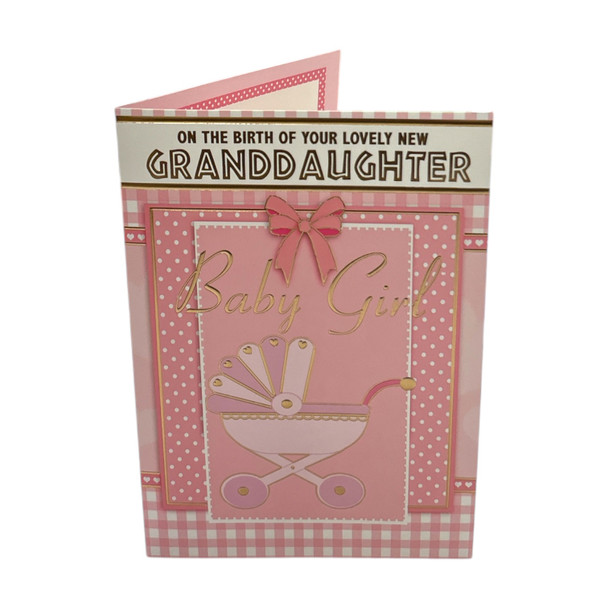 On Birth Of Granddaughter Pink Pram Design Congratulations Card