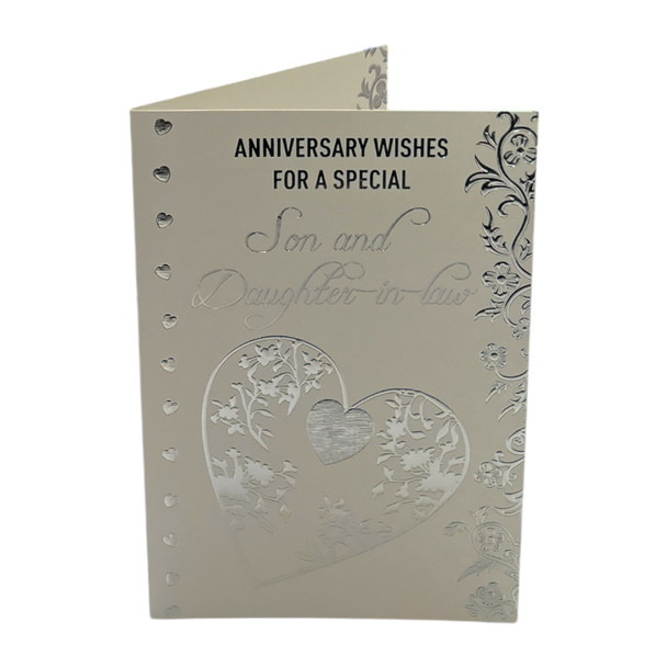 Son & Daughter-In-Law Traditional Silver Heart Floral Design Anniversary Wishes Card