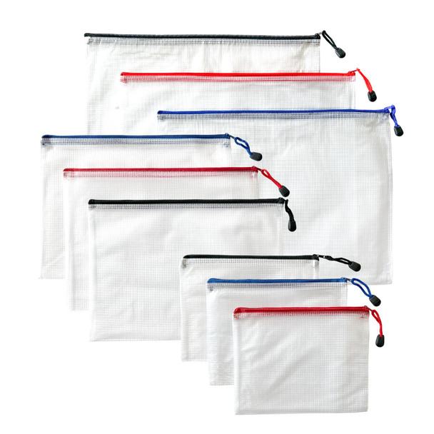 Pack of 9 Assorted Strong Mesh Bags - Black, Blue, Red - A3, A4, A5 - Tough Waterproof Storage