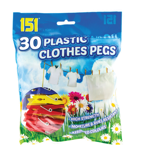 Pack of 30 Assorted Colours Plastic Clothes Pegs