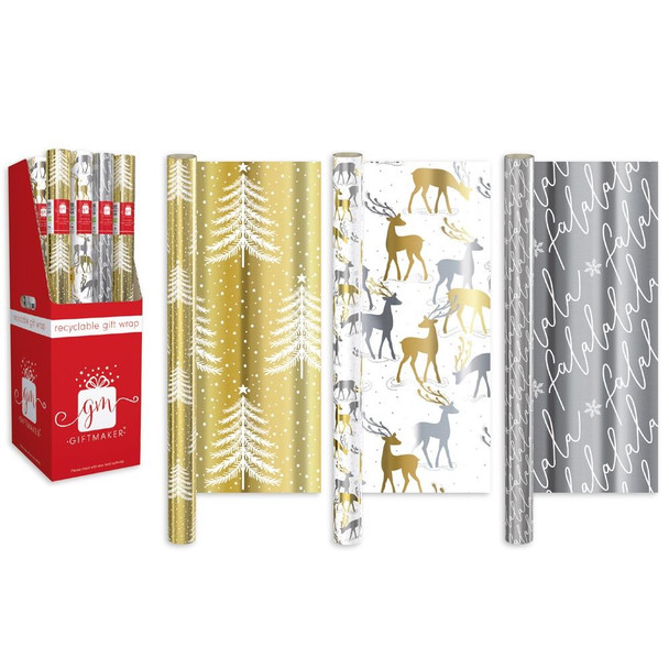 Pack of 3 1.5m Mixed Metallics Christmas Gift Wrap Rolls