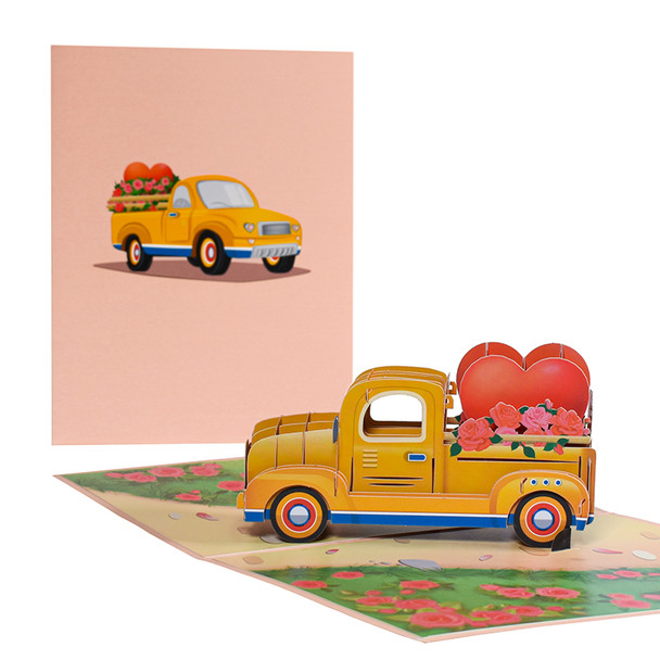 Yellow Vintage Truck with Heart and Roses 3D Pop Up Greeting Card