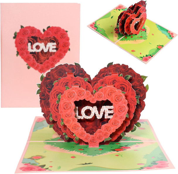 Triple Rose Heart "LOVE" 3D Pop Up Greeting Card - Valentine's Day Wedding Anniversary Birthday