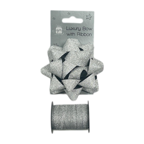Luxury Sliver Glitter Bow With 8m Ribbon - Gift Wrap Christmas Birthday Decorations