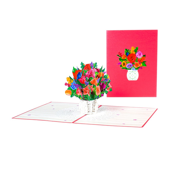 Roses Lace Bloom 3D Vase Bouquet Pop-Up Greeting Card - Mother's Day Congratulations Anniversary Birthday