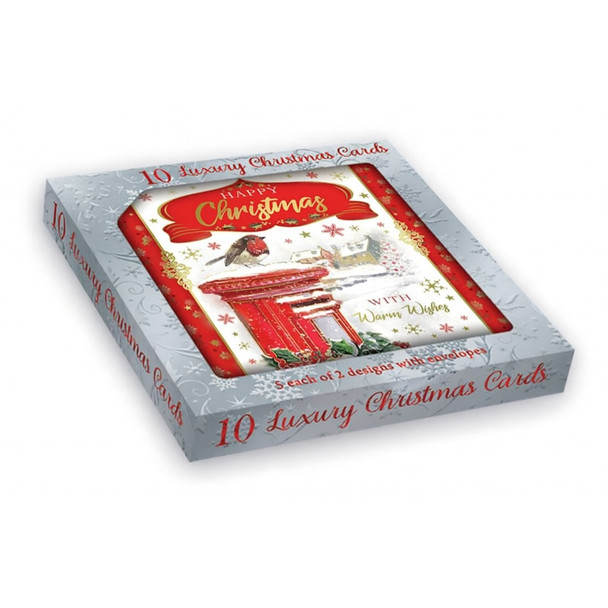 Pack of 10 Festive Postbox & Snow Scene Christmas Boxed Cards - Holiday Greeting Cards, 2 Designs with Envelopes