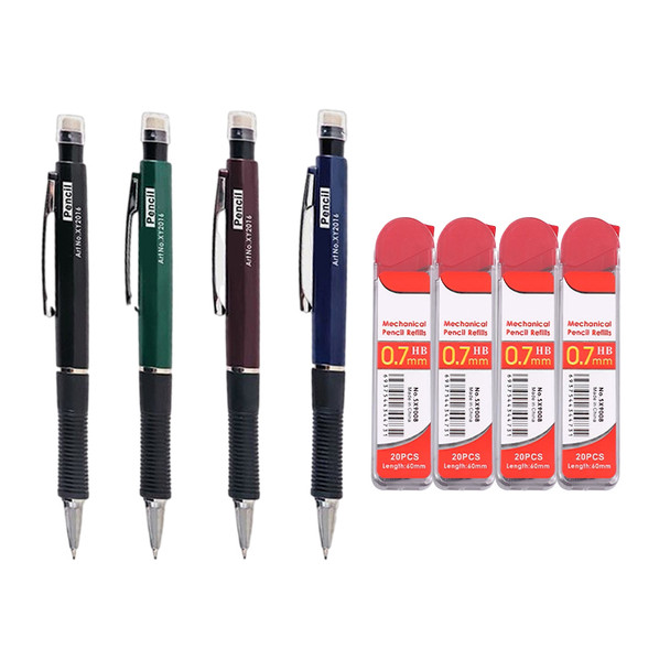 4 Sets of 0.7mm Pen-Style Mechanical Pencil and HB Lead Refills – Smooth Writing, Anti-Slip Grip