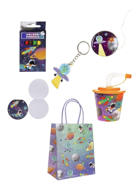 Pack of 20 Pre Filled Space Theme Kids Party Favour Bags – Gift Bags with Reusable Cup & Themed Toys