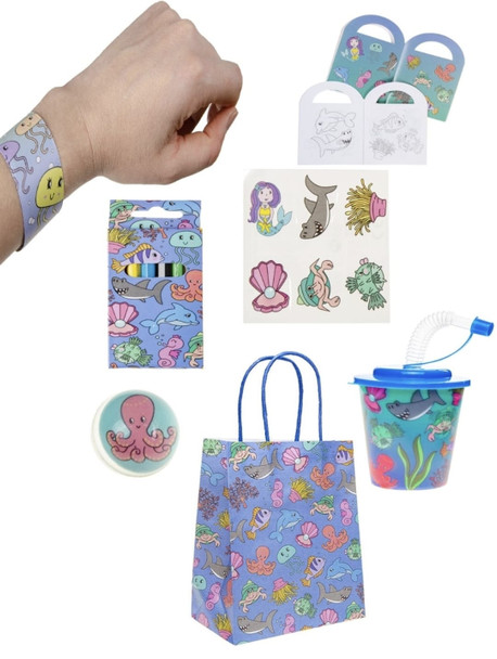 Pack of 20 Pre Filled Sea Theme Kids Party Favour Bags – Gift Bags with Reusable Cup & Themed Toys