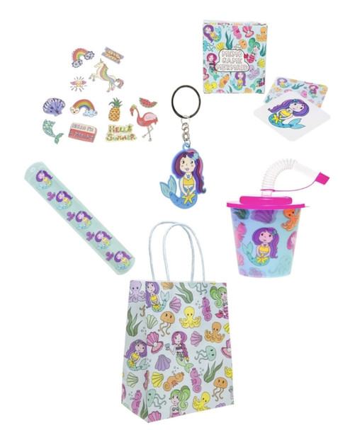 Pack of 20 Pre Filled Mermaid Theme Kids Party Favour Bags – Gift Bags with Reusable Cup & Themed Toys