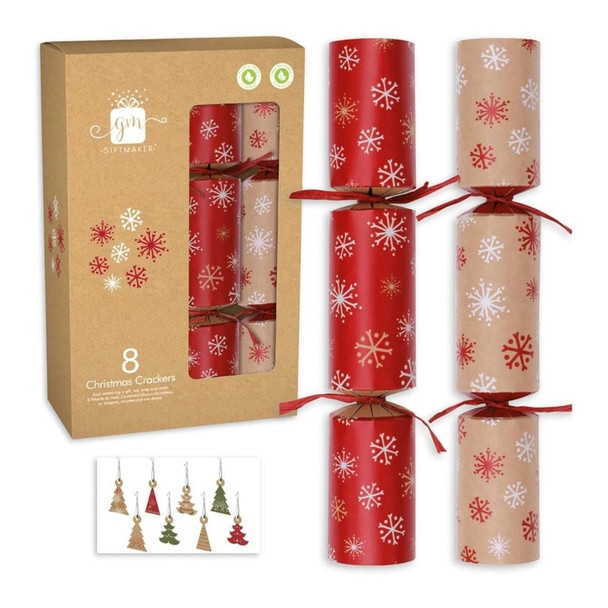 Pack of 8 12" Kraft & Red Snowflakes Christmas Crackers