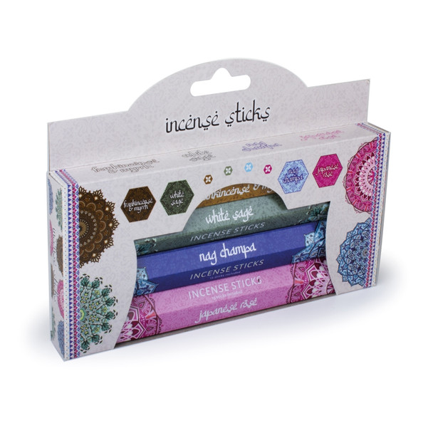 Pack of 4 Pan Aroma Assorted Incense Sticks - Frankincense & Myrrh, White Sage, Nag Champa, and Japanese Rose