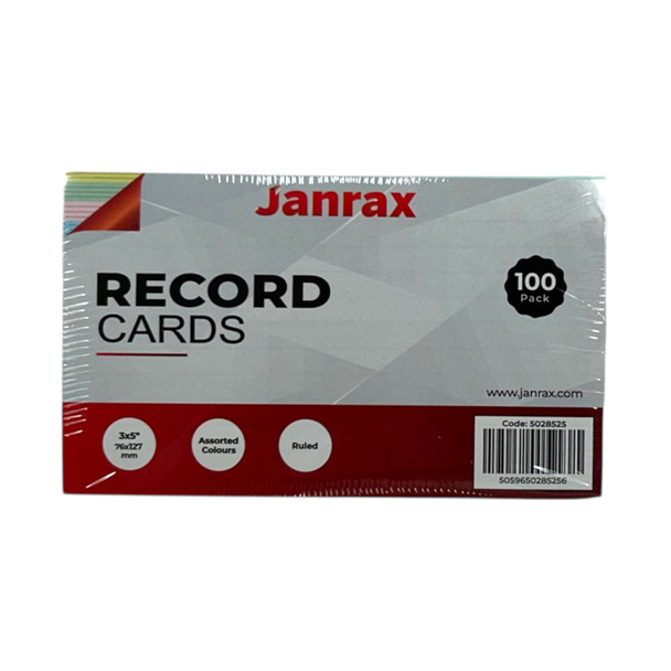 Pack of 100 Assorted Colour Ruled 5x3" Record Cards – Lined Study Index Cards for Notes, Revision