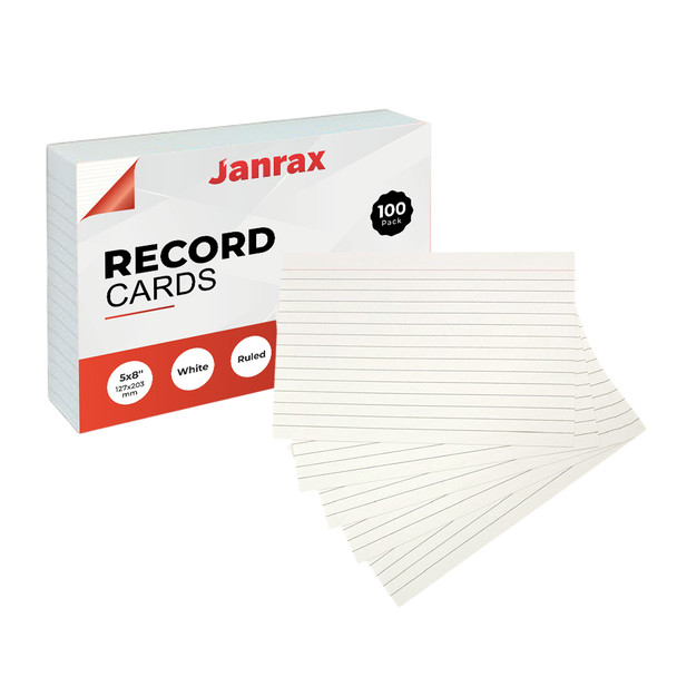 Pack of 100 White Ruled 8x5" Record Cards – Lined Study Index Cards for Notes, Revision