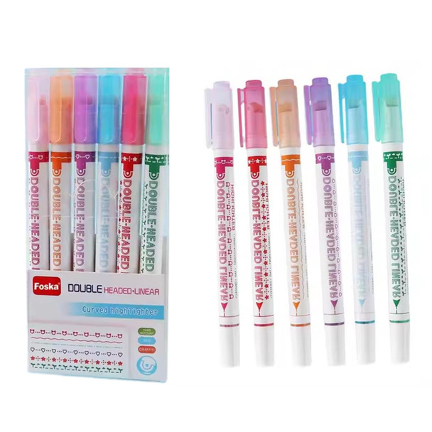 Pack of 6 Double Headed Linear Curved Highlighters