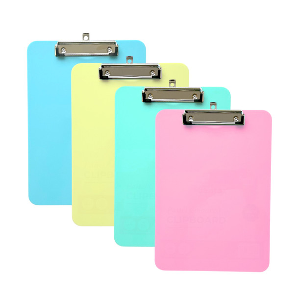 Pack of 4 A4 Assorted Pastel Coloured Plastic Clipboards with Metal Clip and Round Corner