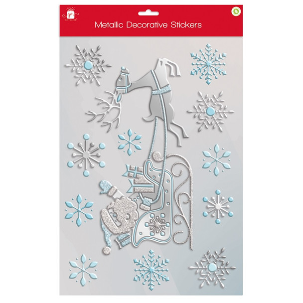Metallic Blue & Silver Santa on Sleigh Christmas Decorative Stickers